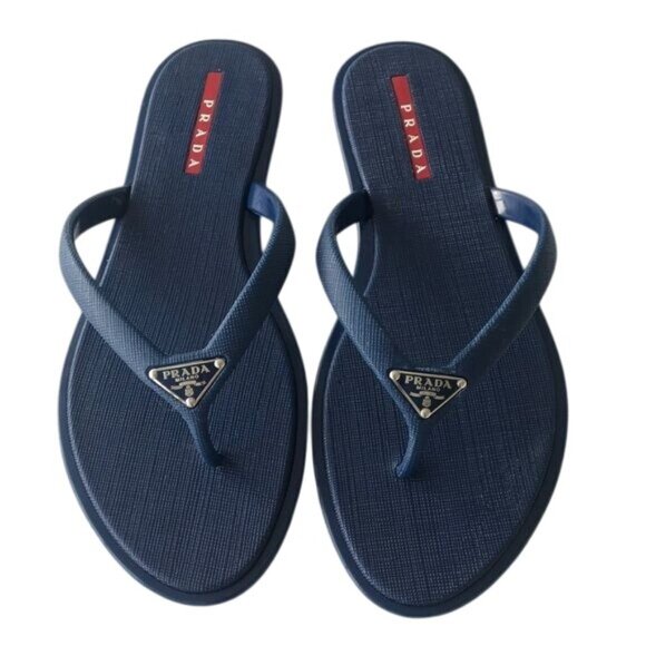 Prada Saffiano Calzature Navy Blue Thong Sandals - Picture 1 of 10